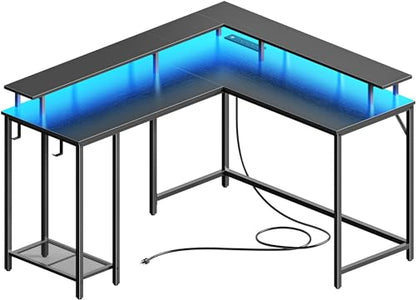 SUPERJARE Desk L Shaped Gaming Desk with LED Lights & Power Outlets, Computer Desk with Monitor Stand, Home Office Desk Corner Desk with Headphone Hooks, Black - WoodArtSupply