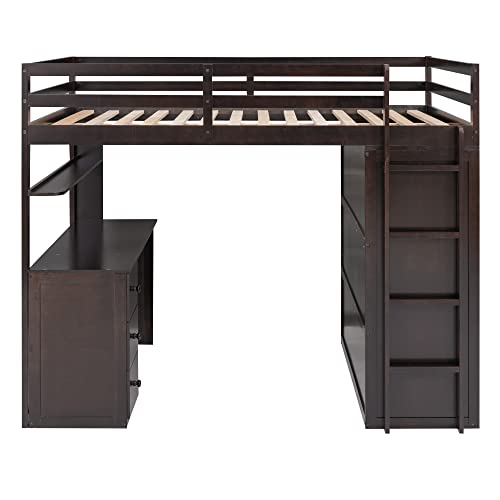 BOVZA Full Wooden Loft Bed Frame with Desk, Wardrobe, and Storage in Espresso - WoodArtSupply