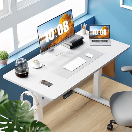 Sweetcrispy Electric Standing Desk Adjustable Height, 55x24 Inch Sit Stand Up Home Office Desks Computer Workstation PC Work Table with 3 Memory Preset Splice Wood Board Metal Frame, White Sweetcrispy