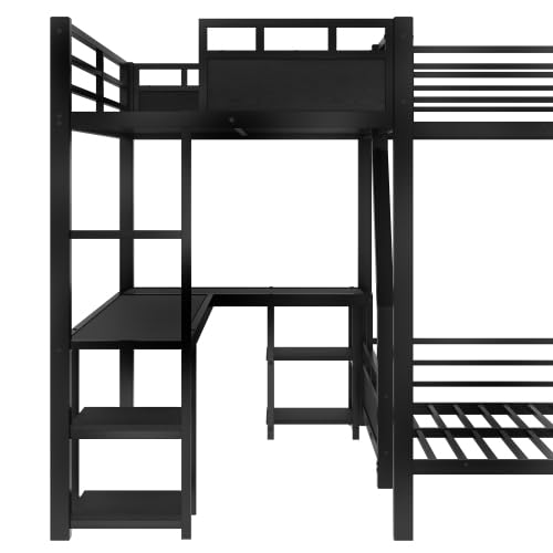Metal Triple Bunk Beds with Slide, Desk and Storage Shelves, L-Shaped Twin Over Full Bunk Bed with 2 Ladders and Guardrails for Kids Teens, Noise-Free Design (Black, Twin/Full) CITYLIGHT