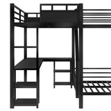 Metal Triple Bunk Beds with Slide, Desk and Storage Shelves, L-Shaped Twin Over Full Bunk Bed with 2 Ladders and Guardrails for Kids Teens, Noise-Free Design (Black, Twin/Full) CITYLIGHT
