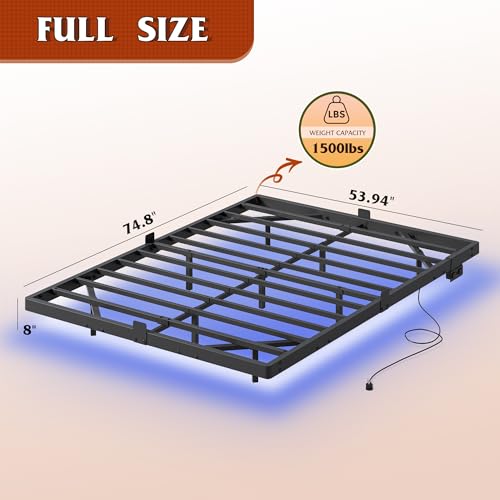 WLIVE Floating Full Bed Frame, 1500Lbs Heavy Duty Metal Platform with LED Light and Charging Station, No Box Spring Needed, Easy Assembly, No Noise, Full Size, Black WLIVE