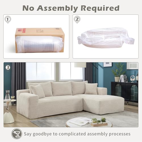 KEIKI 108.7'' Modular Sectional Sofa Couch, L-Shape 3-Seat Velvet Cloud Couch with Oversized Chaise, Memory Foam Cushion, Removable Back & Neck Pillow for Living Room Sofa, Right Facing Chaise, Beige KEIKI