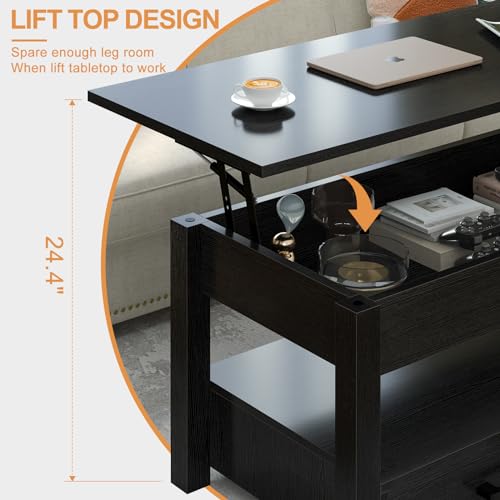 FABATO 41.7'' Lift Top Coffee Table with 2 Storage Drawer Hidden Compartment Open Storage Shelf for Living Room Folding Wood End Table (Black) FABATO