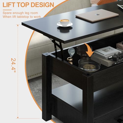 FABATO 41.7'' Lift Top Coffee Table with 2 Storage Drawer Hidden Compartment Open Storage Shelf for Living Room Folding Wood End Table (Black) - WoodArtSupply