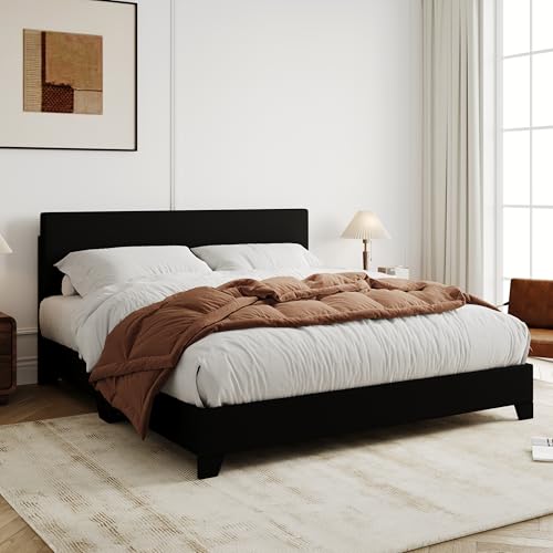 Allewie Queen Bed Frame with Adjustable Headboard, Faux Leather Platform Bed with Wood Slats, Heavy Duty Mattress Foundation, No Box Spring Needed, Noise-Free, Easy Assembly, Black Allewie