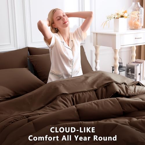 CozyLux King Size Comforter Set Brown, 7 Pieces Bed in a Bag, Brown Comforter King Size, All Season Bedding Sets with Stitch Quilted Comforter, Flat Sheet, Fitted Sheet, Pillowcases CozyLux