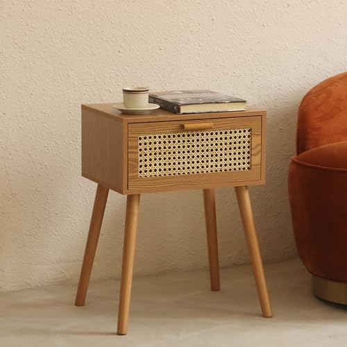 AWASEN Mid Century Nightstand, Rattan Side Table with Drawer, Modern Bedside Table with Storage and Solid Wood Legs for Living Room, Bedroom and Small Space (Brown) AWASEN