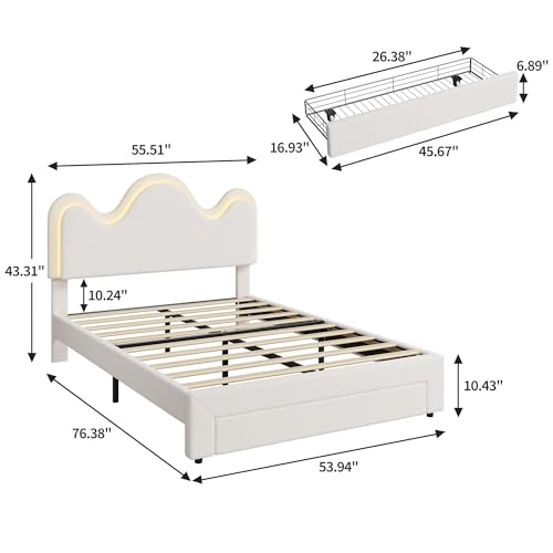 IDEALHOUSE Full Bed Frame with LED Headboard and Under-Bed Drawer, Metal Upholstered Platform Bed with LED Light for Kids, Girls, Lamb Fleece Fabric, Wooden Slats Support, No Box Spring Needed, White IDEALHOUSE