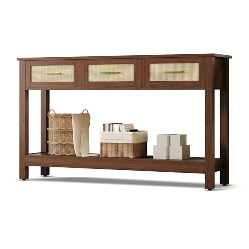 JASIWAY Brown Entryway Table with Storage, 47" Rattan Console Table with Drawers, Narrow Long Foyer Sofa Tables for Living Room, Entryway, Hallway, Front Door, Mesa de Entrada de Puerta, Boho JASIWAY