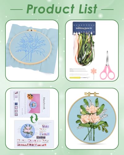 ERKOON Embroidery Kit for Beginners, Silk Ribbon Flower Cross Stitch Set for Include Embroidery Cloth Hoops Threads for Craft Lover Hand Stitch (Flowery) ERKOON
