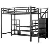 Full Size Loft Bed with LED Light & TV Table, Adults Loft Beds with Charging Station & Storage Bookcase, Wardrobe, Heavy-Duty Metal Lofts Frame with Stairs for Kids, Teens & Youth Dorms, Black Mirightone