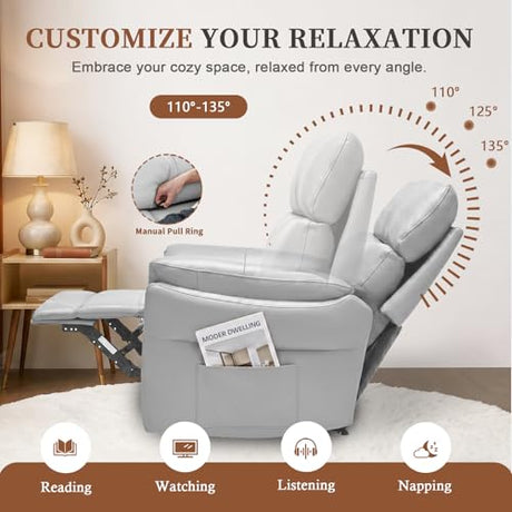AIRSKY Genuine Leather Recliner Chair, Top Grain Leather, Italian Water-Washing Process, Living Room Chair with Lumbar Support,for Theater Seating, Bedroom, Grey,R1 AIRSKY