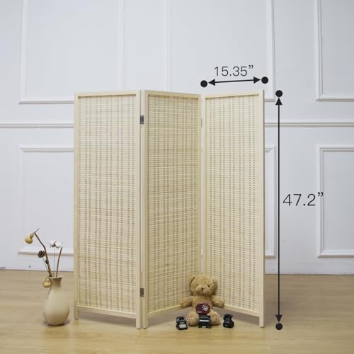 Furnnylane 3 Panel Short Room Divider Screen,Beige Freestanding Partition,Small Bamboo Panel Divider for Room Seperation,3.95 FT Tall Furnnylane
