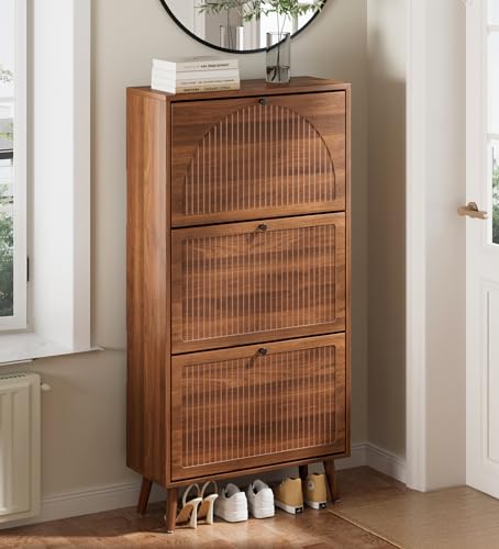 Fsbecl Shoe Storage Cabinet for Entryway with 3 Flip Drawers, Narrow Shoe Organizer with Fluted Panel, Freestanding Wood Hidden Shoe Cabinet for Hallway (Walnut, 23.6''W, Double Layer) Fsbecl