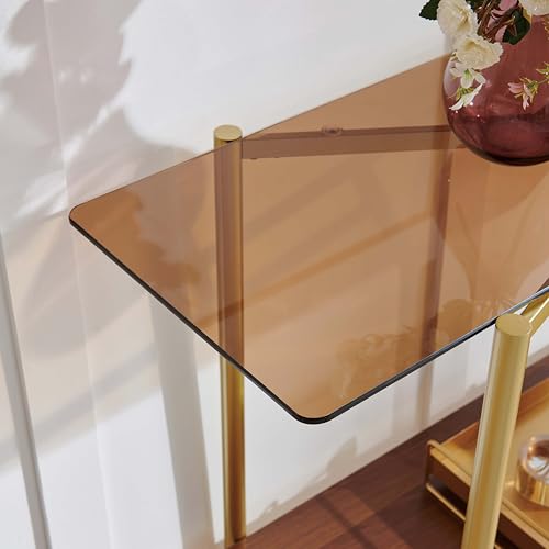 Pine Flicker Rectangle Glass Console Table, Mid-Century Modern Design, L41*W14*H32 inch, for Living Room, Amber Glass Top and Walnut Finish Wood Shelf, Conical Metal Legs with Gold Finish Pine Flicker