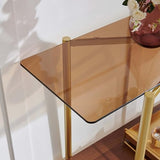 Pine Flicker Rectangle Glass Console Table, Mid-Century Modern Design, L41*W14*H32 inch, for Living Room, Amber Glass Top and Walnut Finish Wood Shelf, Conical Metal Legs with Gold Finish Pine Flicker