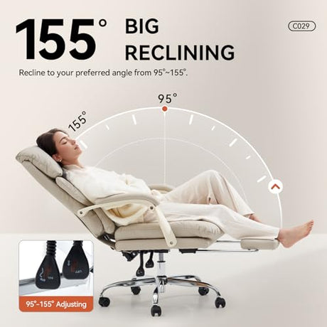 EMIAH Office Chair with Foot Rest, Ergonomic Executive Office Chair with Arms, Reclining High Back PU Leather Comfy Swivel Computer Desk Chairs with Wheels and Lumbar Support for Home Office, Beige EMIAH