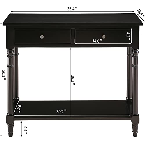 Entry Console Table with 2 Storage Drawers and Open Shelf, Traditional Console Table with Solid Wood leg, Foyer Tables for Entryway, Hallway, Blank Wall, 35.4”L x 13.8”W x 30.1”H, BlacK SFZ004BK VERDANTREE