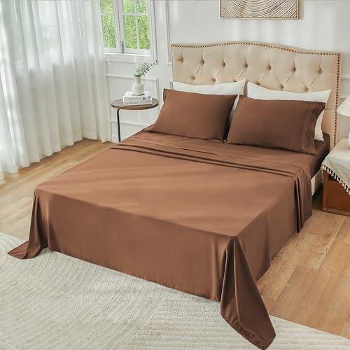 Yibeizi Twin Sheets Set, Brown Cooling Hypoallergenic Microfiber Single Bed Sheets, Soft Oeko-Tex Extra Deep Pocket Sheets & Pillowcases Wrinkle Free Bedsheets Yibeizi