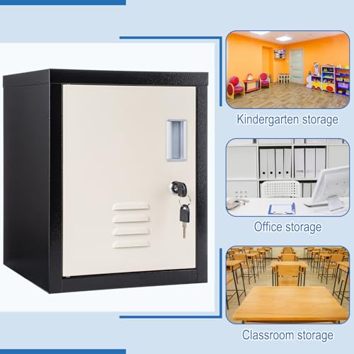 Suzile Lockable Storage Cabinet Metal Lockable Steel Storage Cabinet Organizer Storage Lockers for Employees Vertical Metal Cabinets End Side Table Steel Bedside Storage with Shelflf (Black Beige) Suzile