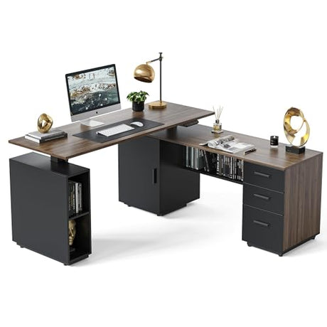 FEZIBO 63" L Shaped Standing Desk with Storage, Executive Height Adjustable Table, Deep Wood Grainy FEZIBO