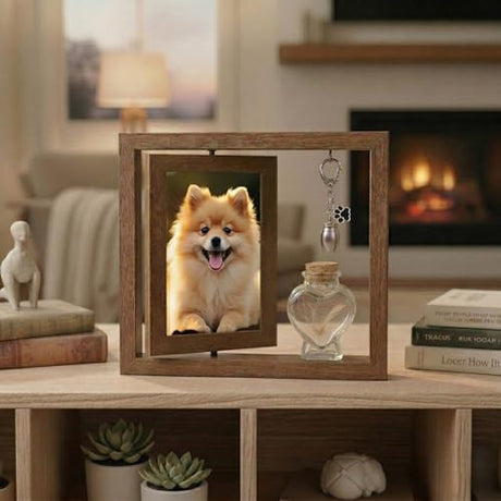 Kinerby Rotating Pet Memorial Photo Frame 4x6, Solid Wood Dog and Cat Loss Sympathy Gift with Fur Keepsake Bottle & Ash Pendants, Double-Sided Remembrance Picture Display for Grieving Pet Owners Kinerby