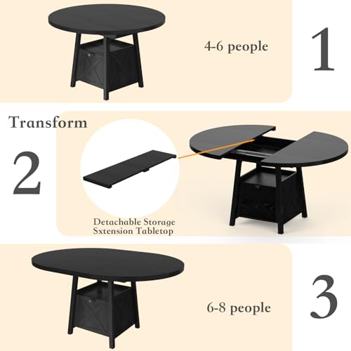 COSYSHINY 43.3"-59" Extendable Round Dining Table with Detachable Extension Plate for 4-8 People; Oval Kitchen Dining Table Equipped with Shelf and Storage Box for Kitchen Living Room (Black) COSYSHINY