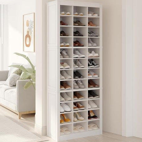 Hzuaneri Shoe Storage Cabinet, 36 Pairs Free Standing Closet Organizer, 9 inch Widened Cell Wood Shoe Organizer, 12 Tiers Vertical Space Saving Shoe Rack for Entryway, Cloakroom, White SR20703X Hzuaneri