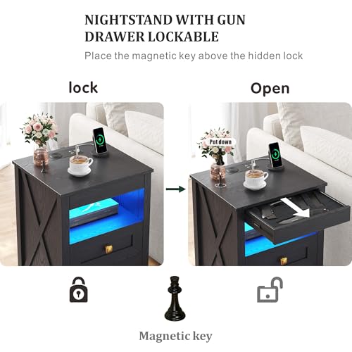 TAGELIER Farmhous Nightstand with Gun Drawer,Bedside Table with Charging Station, Gun Night Stand with LED Light & Human Sensor,Smart End Table for Bedroom, Black TAGELIER