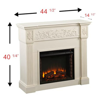 SEI Furniture Calvert Electric Carved Floral Trim Fireplace, 44.5" W x 14.5" D x 40.25" H, Ivory