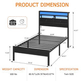 Furnulem Twin Bed Frames with Charging Station and LED Lights, Wood Headboard with 2 Fabric Drawers and Storage Shelves, Twin Size Platform Bed with Metal Slats, No Box Spring Needed, Black Oak Furnulem