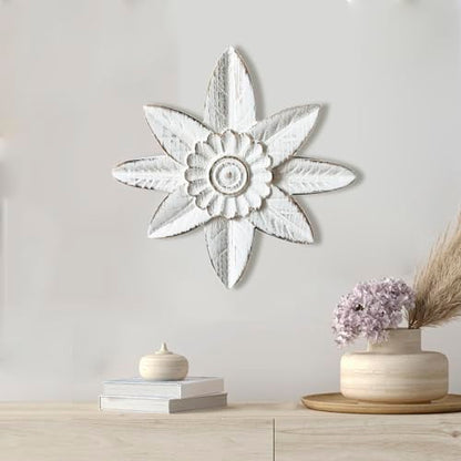 dwellintong White Wash Wood Flower Wall Art Decor, Farmhouse Rustic Modern Floral Sculpture, Carved Flower Wall Hanging Home Decoration for Kitchen Bedroom Living Room (8")