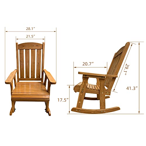 Wooden Rocking Chair with Comfortable Backrest Inclination, High Backrest and Deep Contoured Seat, Solid Fir Wood, Heavy Duty 600 LBS, for Both Outdoor and Indoor, Backyard, Porch and Patio - WoodArtSupply