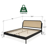 Bme Aurelia Black Solid Wood Bed Frame with Rattan Headboard - Bohemian & Mid Century Modern Style Bme