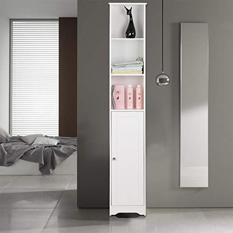 Bonnlo Narrow Cabinet, 67" Tall Slim Bathroom Storage Cabinet 12" Wide White Skinny Linen Cabinet with 3 Open Shelves Single Door Adjustable Shelf Space Saving Corner Pantry Bonnlo