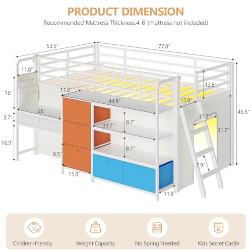 DICTAC Low Loft Bed with Desk and 6 Storage Drawers Twin Loft Bed with Bookshelf,LED Lights & Under-Bed Play Space,Kids Twin Beds with 13.8''H Safety Guardrail,Inclined Ladder & Play Curtain,Colorful DICTAC