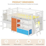 DICTAC Low Loft Bed with Desk and 6 Storage Drawers Twin Loft Bed with Bookshelf,LED Lights & Under-Bed Play Space,Kids Twin Beds with 13.8''H Safety Guardrail,Inclined Ladder & Play Curtain,Colorful DICTAC