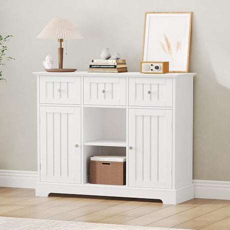 ChooChoo Buffet Cabinet, Coffee Bar with Drawers and Doors, Sideboard Storage with Shelves for Kitchen, Dining Room, Living Room, White ChooChoo