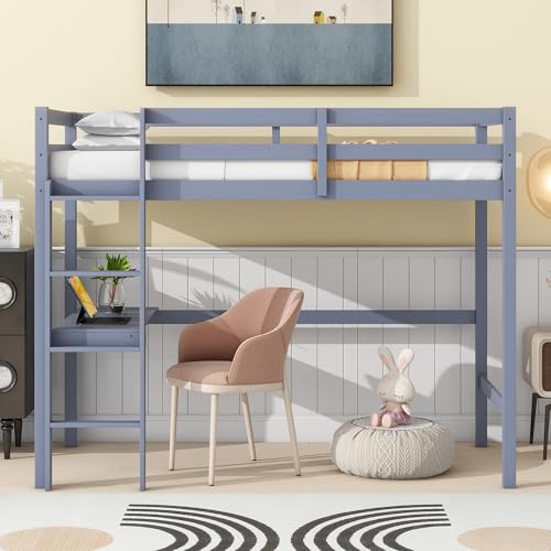 KEIKI Twin High Loft Bed, Rubber Wood Loft Bed with Safety Guardrail, Built-in Desk, Ladder,Grey KEIKI