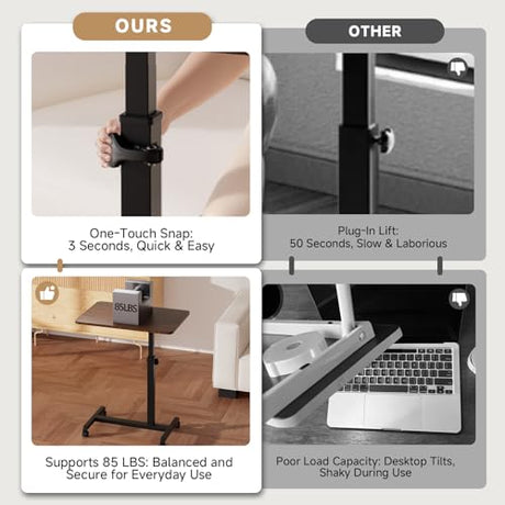 GTPLAYER Small Standing Desk, 24 Inches Mobile Foldable Rolling Laptop PC Table with Lockable Casters, Adjustable Height Overbed Bedside Table Computer Workstation for Home Office, Walnut GTPLAYER