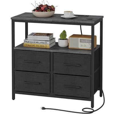 TUTOTAK Large Night Stand with Charging Station, Nightstand with USB and Type-C Port, Bedside Table with Cloth Drawers, End Table for Livingroom, Bedroom, Charcoal Grey TB01BY081