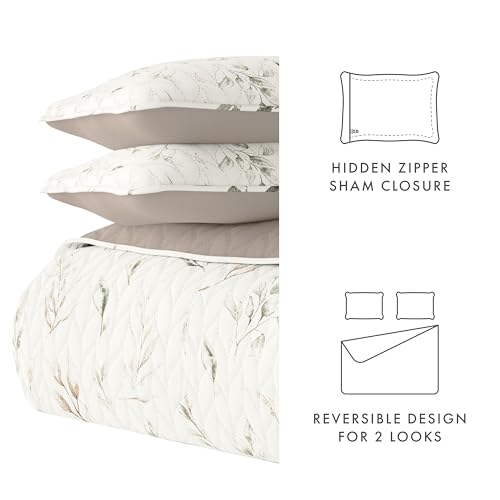 Linen Market Quilt Coverlet Set All Season Patterned Reversible Microfiber Ultra Soft Bedding in Watercolor Leaves - King/Cal-King Watercolor Leaves Latte Linen Market