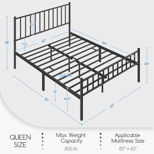 Yaheetech 14 Inch Queen Size Bed Frame Metal Platform Bed with Spindle Headboard Footboard/Mattress Foundation/No Box Spring Needed/Underbed Storage Space/Steel Slat Support/Easy Set up, Black Yaheetech