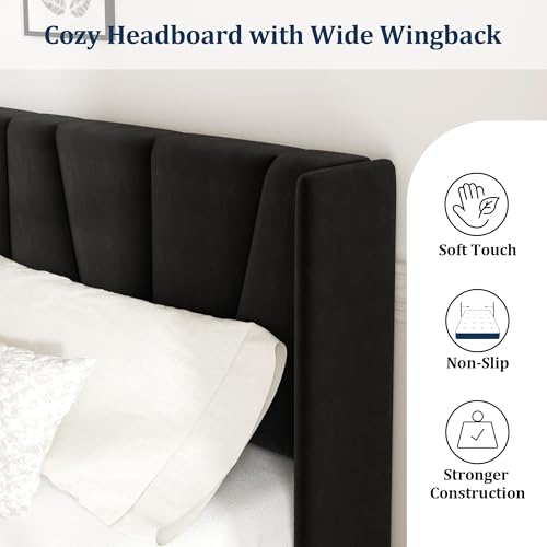 Sismplly King Bed Frame with Headboard, Velvet Upholstered King Size Platform Bed with Wingback, Mattress Foundation with Wooden Slat Support, No Box Spring Needed, Easy Assembly, Noise Free, Black Sismplly