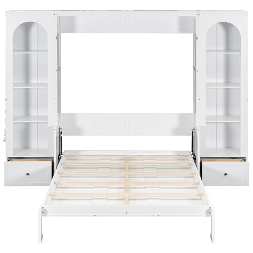 GDFStudio Queen Size Murphy Bed Frame with Shelves, Side Cabinets, Drawers & LED Lights, French Style Wall Bed with Desk, Solid Pine Wood & MDF Space-Saving Furniture, White GDFStudio