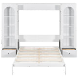 GDFStudio Queen Size Murphy Bed Frame with Shelves, Side Cabinets, Drawers & LED Lights, French Style Wall Bed with Desk, Solid Pine Wood & MDF Space-Saving Furniture, White GDFStudio