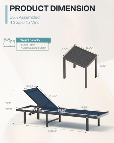 Oasbira Aluminum Outdoor Lounge Chairs Set of 2, Pool Lounge Chairs with Wheels and 5-Position Recliner -Easy to Move- Patio Chaise Lounge Outdoor for Poolside, Deck, Beach (NavyBlue)