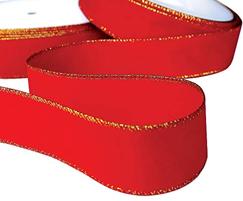 Red Velvet Ribbon Velvet Christmas Ribbon Red Wired 50 Yards/2.5 (2 1/2) Inch Wide w. Gold Trim Wire-Edge: Valentine, Xmas Gift Wrap, Christmas Tree Bows/Outdoor/Wire Ribbons for Crafts/Gifts OLYPHAN