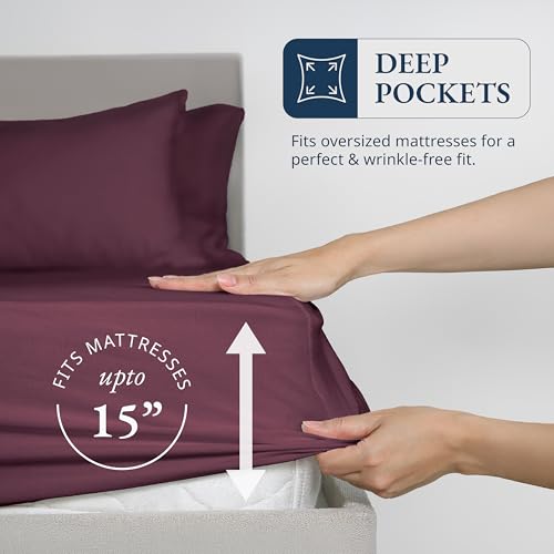 LANE LINEN Queen Size Fitted Sheet, 3-Piece Set (1 Fitted Sheet, 2 Pillowcases), 100% Organic Cotton, Percale Weave, Soft & Breathable, Fits Mattress Upto 15" Deep - Windsor Wine (No Flat Sheet) LANE LINEN